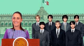 Collage de Claudia Sheinbaum en un podio y siete miembros de BTS en traje, sobrepuestos en Palacio Nacional de México, con fondo verde menta.