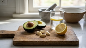 Una tabla de cortar de madera con medio aguacate, varios dientes de ajo, medio limón y un vaso de agua con limón, sobre una encimera de cocina.