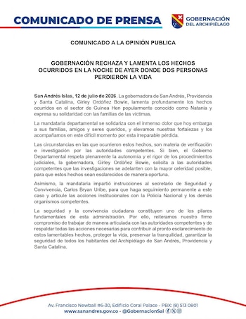 La gobernadora Girley Ordóñez Bowie pidió acelerar el esclarecimiento del doble homicidio y ordenó seguimiento del caso junto con la Policía Nacional - crédito Gobernación de San Andrés