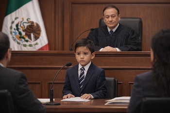 Niño con traje sentado frente a micrófono en tribunal de madera. Juez de toga al fondo y bandera mexicana a la izquierda. Se ven partes de otras dos personas.