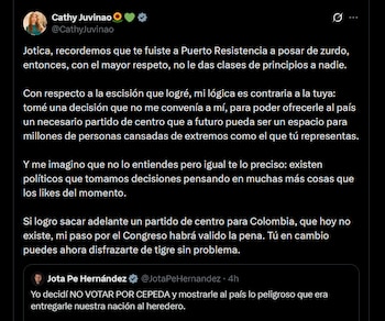 Cathy Juvinao respondió que Jota Pe Hernández usó antes las banderas de la izquierda para entrar en la política - crédito X