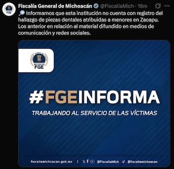 Fiscalía de Michoacán niega tener pruebas sobre el hallazgo de dientes de niños en Zacapu. Captura de pantalla