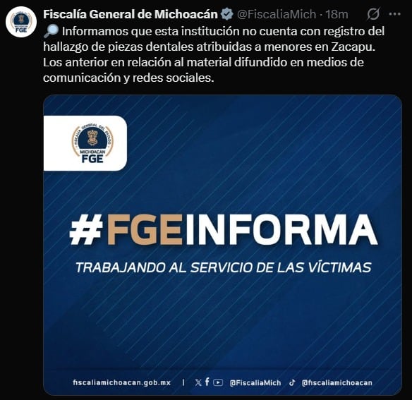 Fiscalía de Michoacán niega tener pruebas sobre el hallazgo de dientes de niños en Zacapu. Captura de pantalla