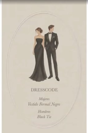 La tarjeta de invitación digital de los novios presenta sus iniciales acompañadas por un paisaje montañoso y orquídeas animadas. El código de vestuario de la ceremonia exige vestidos formales largos en color negro para mujeres y etiqueta black tie para hombres - crédito captura de pantalla La Red/Caracol Televisión