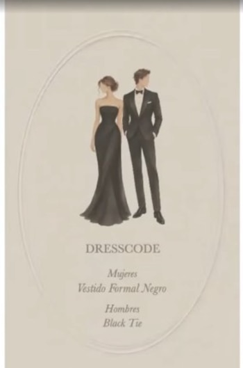 La tarjeta de invitación digital de los novios presenta sus iniciales acompañadas por un paisaje montañoso y orquídeas animadas. El código de vestuario de la ceremonia exige vestidos formales largos en color negro para mujeres y etiqueta black tie para hombres - crédito captura de pantalla La Red/Caracol Televisión