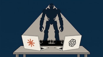 Dos computadoras portátiles en una mesa, con los logos de Anthropic y OpenAI, proyectan luz hacia un robot y siluetas humanas al fondo.