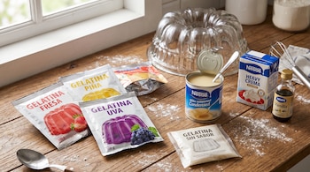 Ingredientes para postre sobre mesa de madera: sobres de gelatina (fresa, piña, uva), gelatina sin sabor, leche condensada, crema, vainilla y un molde de vidrio.