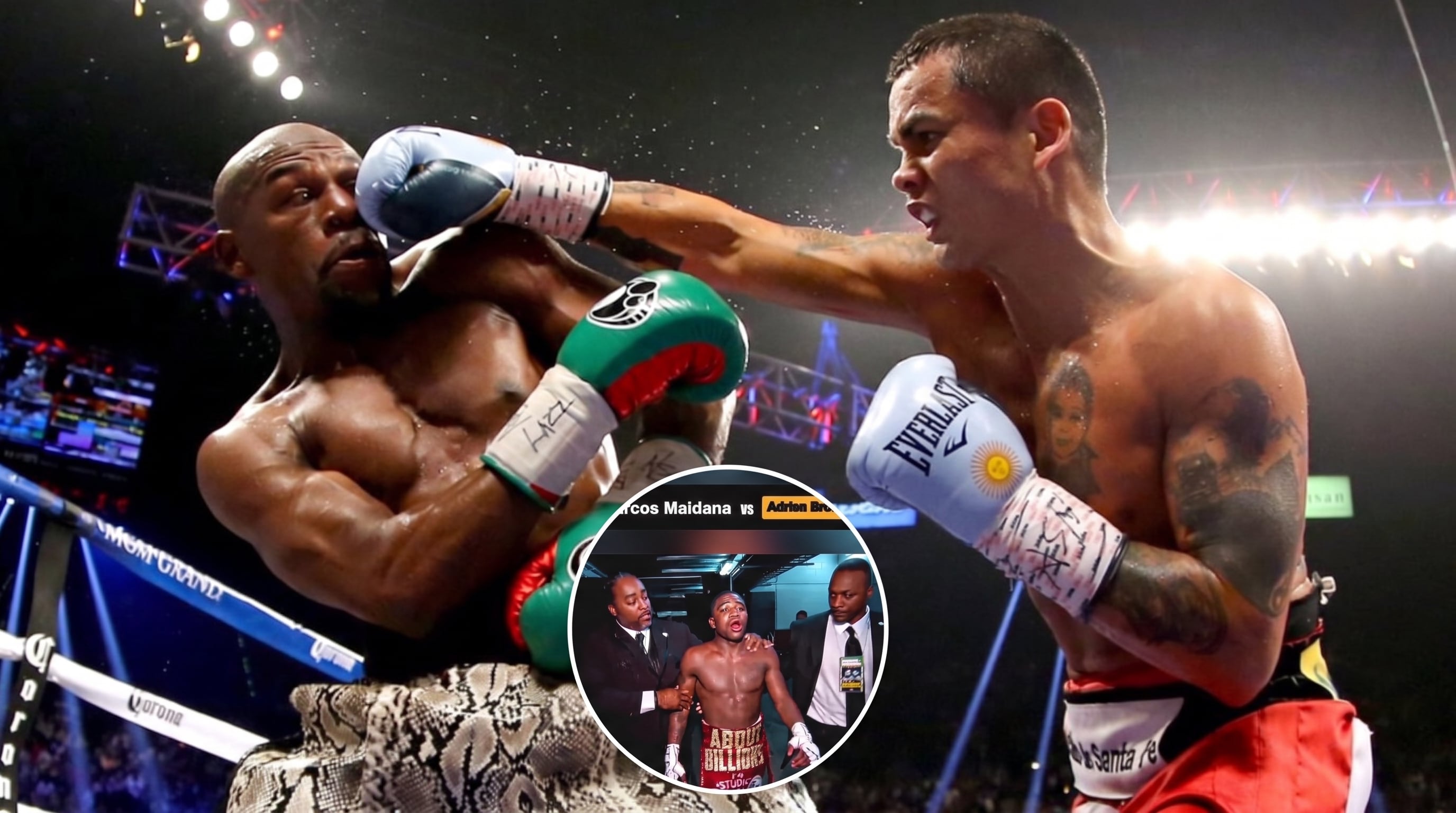 El pugilista argentino Marcos Maidana asesta un puñetazo en el rostro al estadounidense Floyd Mayweather. Adrien Broner también aparece en la imagen (AFP)