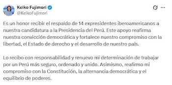 Keiko Fujimori agredece el respaldo de los expresidentes - Créditos: @KeikoFujimori.