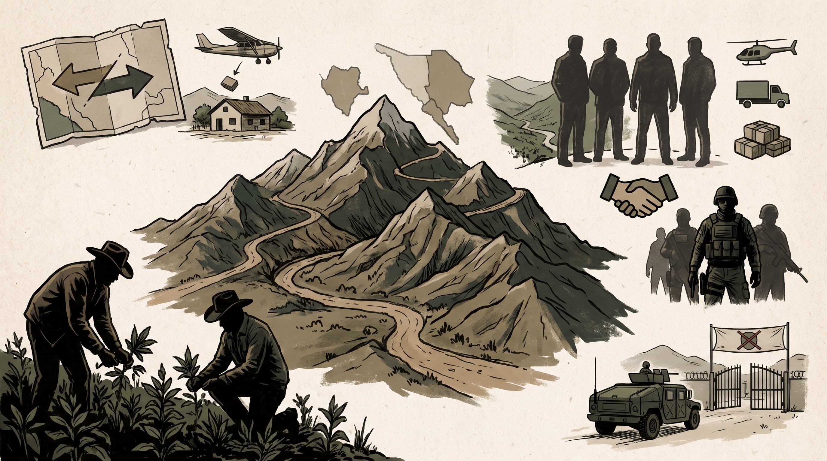 Una ilustración representa la producción de drogas, las rutas de transporte, las alianzas entre criminales y la presencia militar en el Triángulo Dorado de México. (Imagen Ilustrativa Infobae)