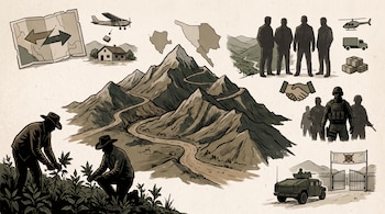 Montañas con caminos, mapa con flechas, avioneta, casa rural, cuatro hombres, dos agricultores, tres militares, vehículo blindado, helicóptero, camión, cajas, manos estrechándose, puerta con bandera.