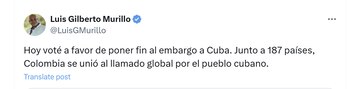 El canciller Luis Gilberto Murillo votó a favor de Cuba en la Asamblea de la ONU - crédito @LuisGMurillo/X