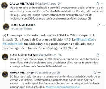 El Gaula Militar informó sobre el hallazgo y explicó que los restos deberán ser sometidos a análisis científicos para establecer su identidad. - crédito @GaulaMilitares/X