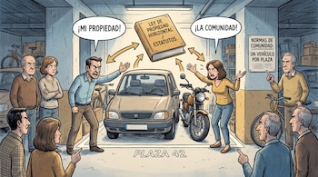 Dibujo que muestra una escena de conflicto en un garaje subterráneo, con un hombre y una mujer discutiendo frente a un coche y una motocicleta en una plaza, mientras otros vecinos observan. Se ven un libro y un cartel con normas.