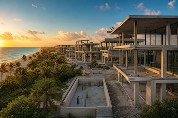 Estructuras de hormigón en construcción junto a una playa con palmeras y el mar al atardecer.
