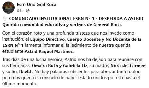 La comunidad educativa de la ESRN N° 1 de General Roca expresó su pesar y acompañamiento a la familia Martínez durante el duelo (ESRN 1)