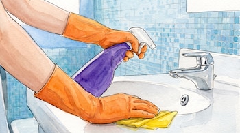 Ilustración en acuarela de dos manos con guantes naranjas que sujetan un rociador morado y un paño sobre un lavabo.