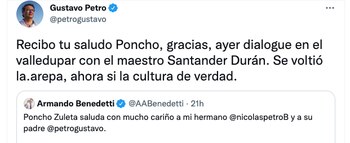 Reacción de Gustavo Petro a Poncho Zuleta. Pantallazo