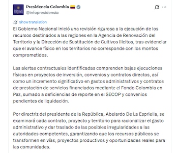 La revisión incluye 92 proyectos por cerca de $ 179 mil millones que registran avances físicos inferiores al 30% - crédito @infopresidencia/X
