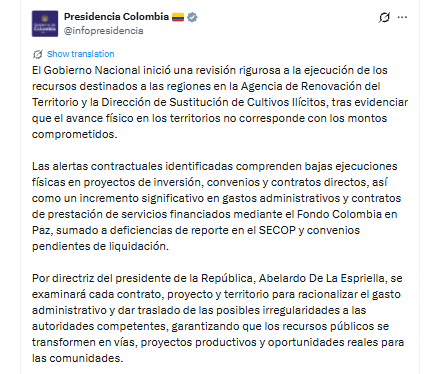 La revisión incluye 92 proyectos por cerca de $ 179 mil millones que registran avances físicos inferiores al 30% - crédito @infopresidencia/X