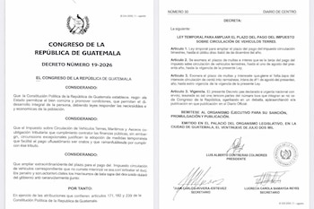Dos páginas de un decreto legislativo de Guatemala con escudo nacional, texto, firmas y un sello redondo que dice Congreso de la República de Guatemala.