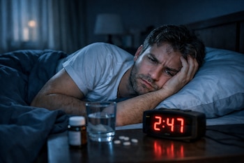 Un hombre con barba y camiseta blanca yace despierto en la cama, apoyado sobre su brazo, con expresión de cansancio y frustración; un reloj digital marca las 2:47 AM.