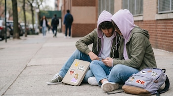 Dos adolescentes con sudaderas, jeans y zapatillas, sentados en una acera, comparten auriculares blancos conectados a un móvil. Una mochila y una carpeta con stickers de artistas están a su lado.