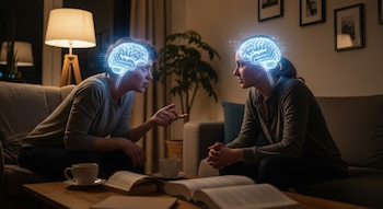 Dos personas sentadas en sofás en un salón, conversando. Sobre sus cabezas se visualizan cerebros iluminados. Una mesa con libros y tazas está entre ellas.