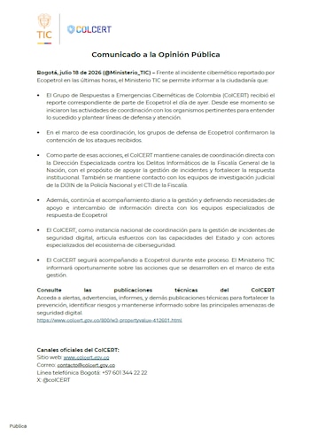 La filtración de datos de más de 3.000 usuarios en Ecopetrol evidenció la magnitud de la amenaza cibernética global - crédito MinTic