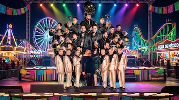 Músicos con instrumentos de viento, cantantes en traje claro y una intérprete con sombrero posan en un escenario iluminado con juegos al fondo.