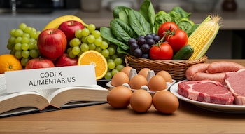 Libro Codex Alimentarius abierto, uvas verdes, manzanas rojas, naranjas, plátanos, espinacas, uvas rojas, tomates, pepino, maíz, huevos, carne cruda, salchichas sobre mesa.