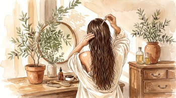 Mujer de espaldas aplicando un líquido en su cabello con un cuentagotas. En el tocador se ven un espejo, plantas de olivo, varios frascos y un cepillo de madera.