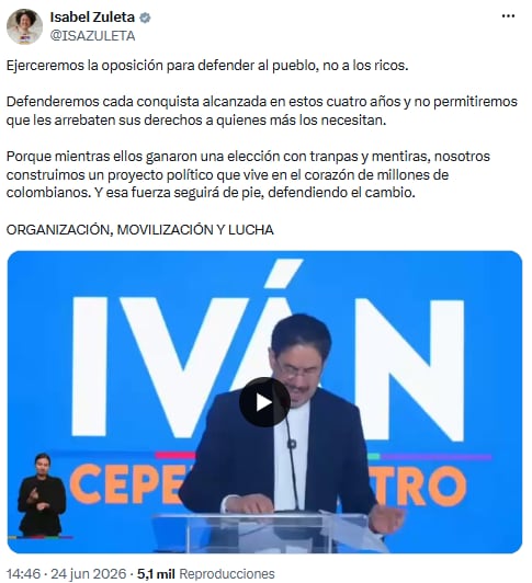 Isabel Zuleta prometió una oposición firme en defensa de los derechos sociales - crédito @ISAZULETA/X