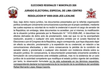 Documento oficial con el escudo de la República del Perú y el logo del Jurado Nacional de Elecciones. El texto menciona Elecciones 2026 y Rafael López Aliaga