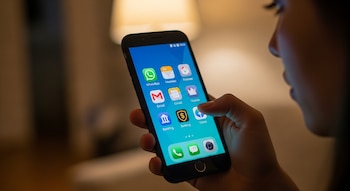 Primer plano de una persona usando un smartphone con la pantalla principal visible, mostrando los iconos de WhatsApp, Gmail y una aplicación bancaria.