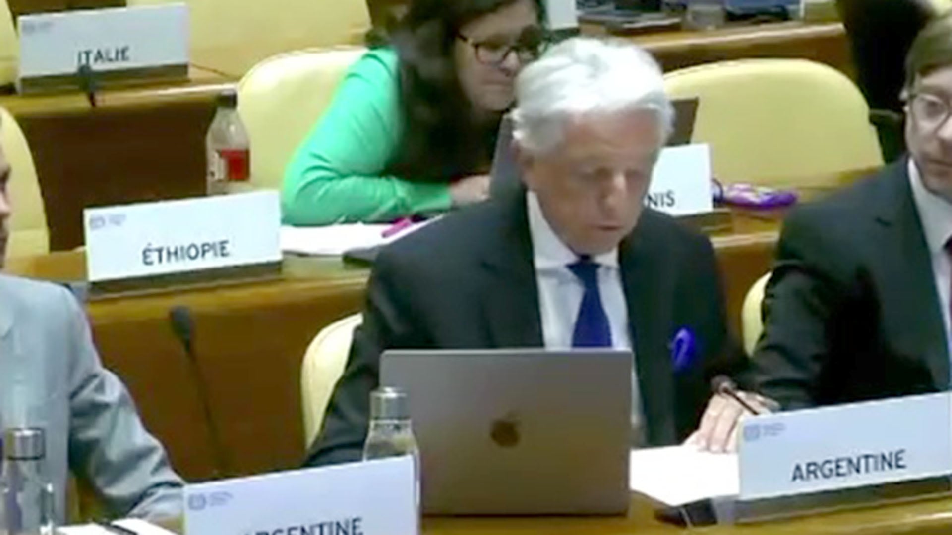Carlos Foradori, embajador argentino en Ginebra, expone ante la OIT. La CGT no asistió, como hace usualmente, a la recepción que el funcionario ofreció en la Embajada argentina
(Captura de video)
