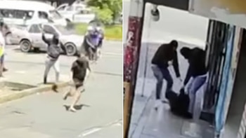 Imagen dividida que muestra un asalto: a la izquierda, una persona en el suelo y un asaltante; a la derecha, dos asaltantes agrediendo a una persona caída