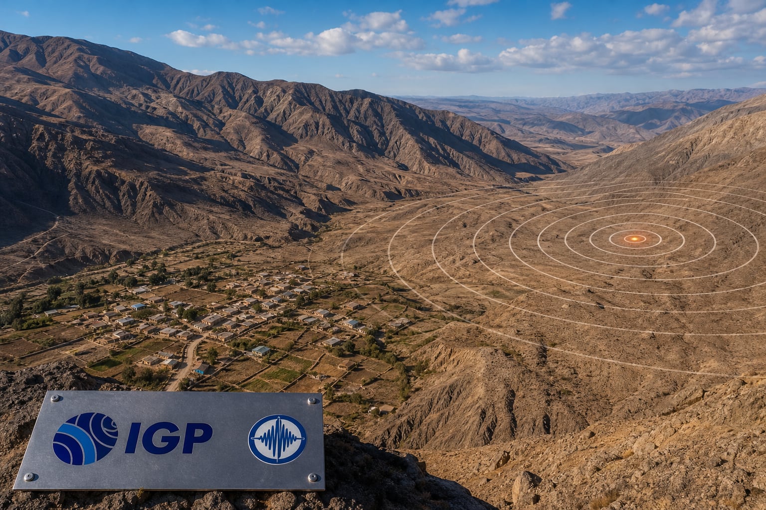 Un gráfico de ondas concéntricas sitúa el epicentro de un sismo en un valle árido de Moquegua, acompañado en primer plano por una placa del Instituto Geofísico del Perú. (Imagen Ilustrativa Infobae)