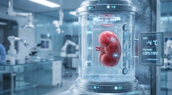 Un riñón humano en una cámara de cristal con líquido. Pantalla digital marca -4 °C y presión constante. Escarcha alrededor. Laboratorio al fondo.