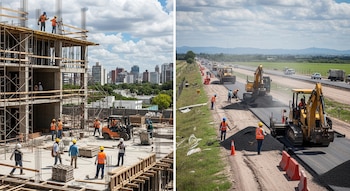 Imagen dividida: Izquierda, obreros en construcción de edificio urbano. Derecha, trabajadores y maquinaria en construcción de ruta pavimentada con tráfico.