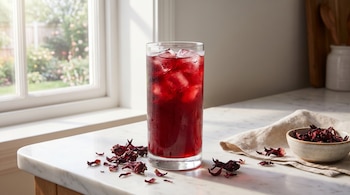Vaso alto con té de hibisco helado y condensación en una encimera de mármol blanco. Hay flores de hibisco secas esparcidas y una ventana con luz matutina.