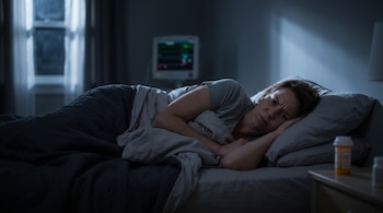 Mujer angustiada en la cama en una habitación oscura. Hay un monitor médico encendido y frascos de pastillas en la mesita de noche.