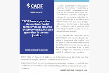 Logotipo de CACIF, texto "Comunicado CACIF", titular sobre compromiso comercial Guatemala-Estados Unidos, y un cuerpo de texto con detalles del mandato de etanol E10.