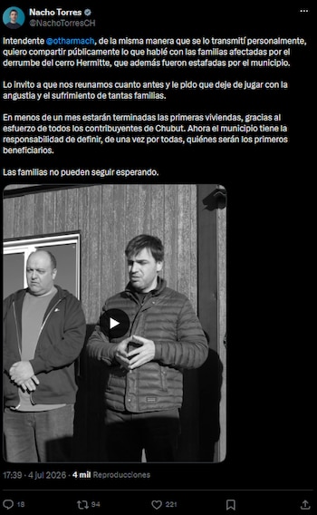 Polemica en Chubut gobernador Torres sobre beneficiarios derrume cerro Hermitte