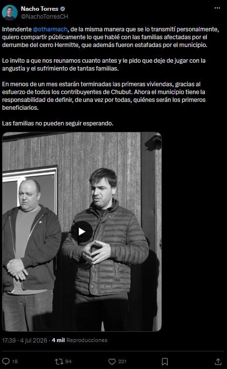 La publicación de Nacho Torres en las redes sociales