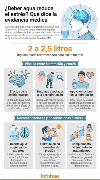 Infografía muestra efectos de la deshidratación, síntomas de estrés y recomendaciones de consumo de agua, con imágenes de cerebro, personas y líquidos.