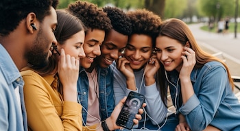 Cinco jóvenes sonrientes al aire libre. Cuatro con auriculares de cable y uno con inalámbricos. Comparten un teléfono móvil con música en pantalla.