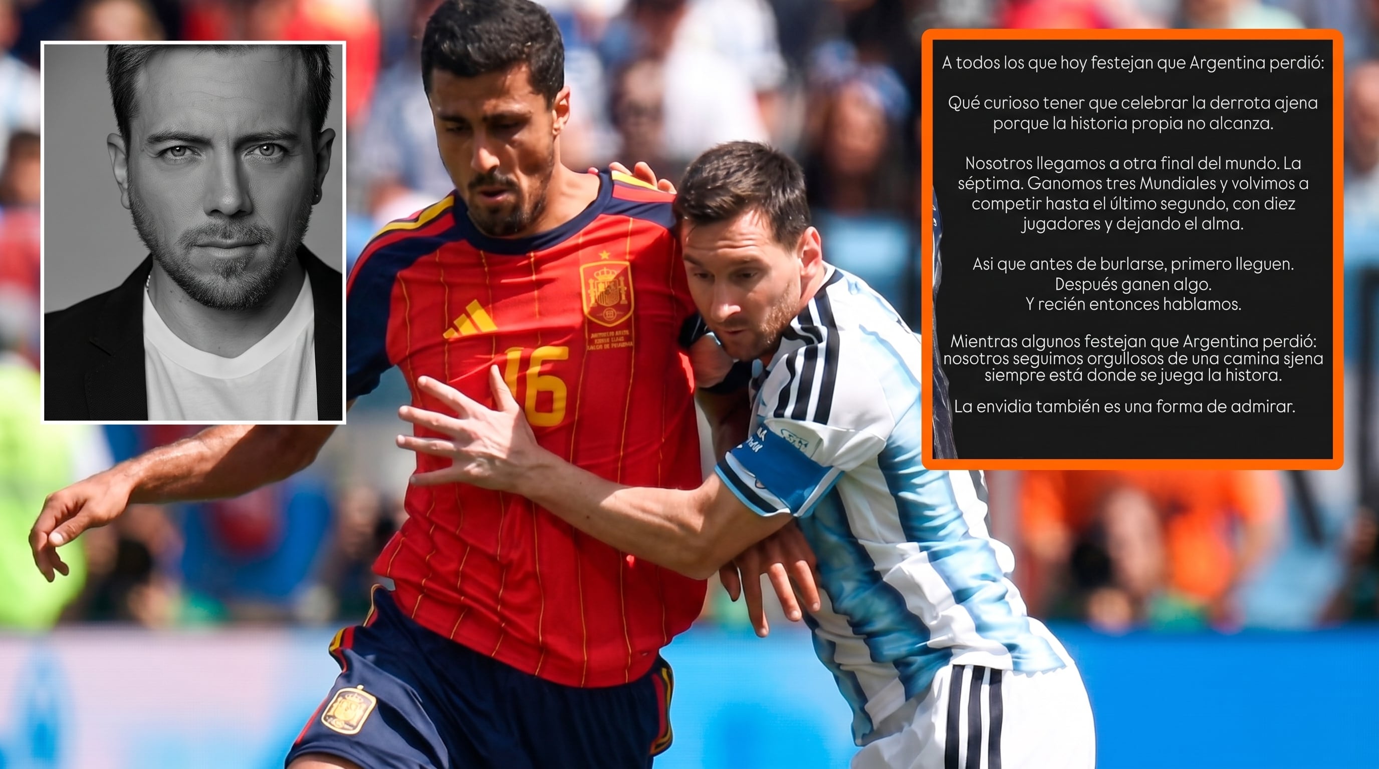 Julián Zucchi aparece en una fotografía junto a futbolistas de España y Argentina, y un texto con su respuesta a quienes lo criticaron por defender al equipo nacional. (Imagen Ilustrativa Infobae)