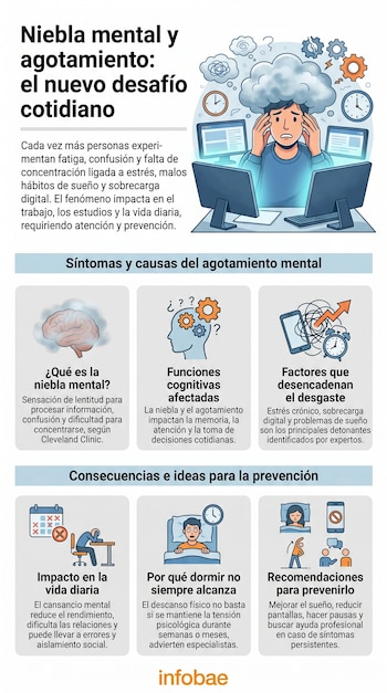 Infografía sobre niebla mental y agotamiento, con un hombre estresado frente a pantallas, rodeado de símbolos de confusión y relojes. Contiene secciones sobre síntomas y causas.