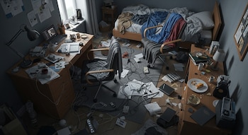 Habitación desorganizada con cama sin hacer, escritorios y suelo cubiertos de objetos y cables visibles
